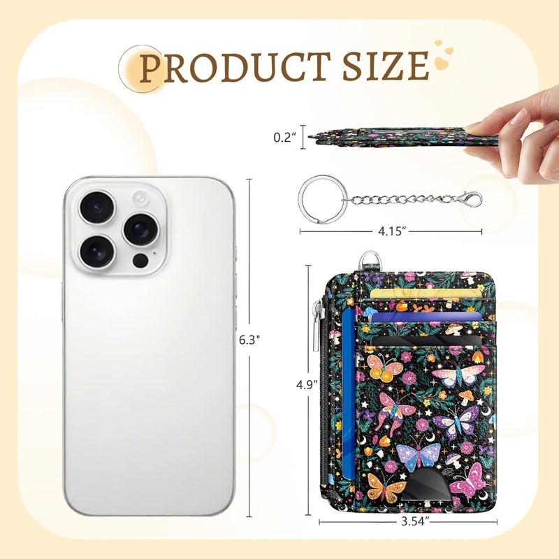 Kelvoris Butterfly Flowers Credit Card Holder Small Wallet Women, Slim RFID Blocking Wallet Woman Keychain with Zipper Coin Pocket, Front Pocket Thin Travel Card Case with ID Window for Ladies Gifts - Image 5